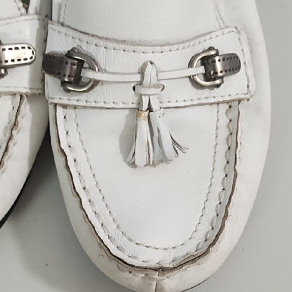White Soft Leather Loafers with Tassels and Pewter Metal Ornament Rubber Soles - Picture 14 of 16